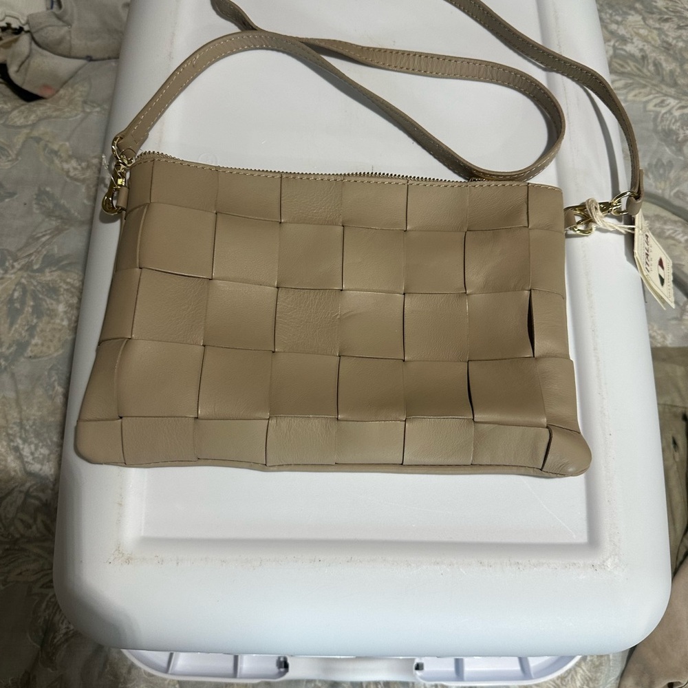 Italian leather  Tan Woven Crossbody Bag new with tags.